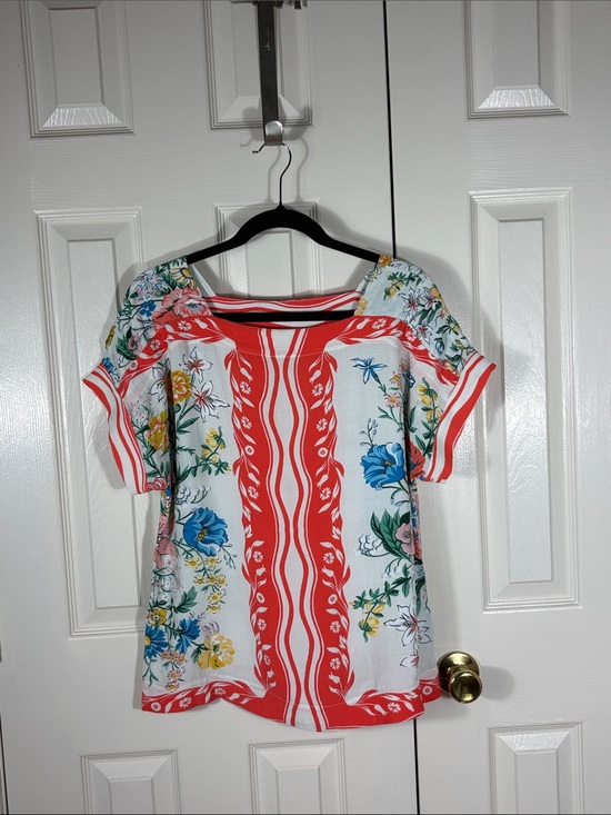 Maeve Tops - Maeve White Top with Red Trim and Multicolor Floral Print